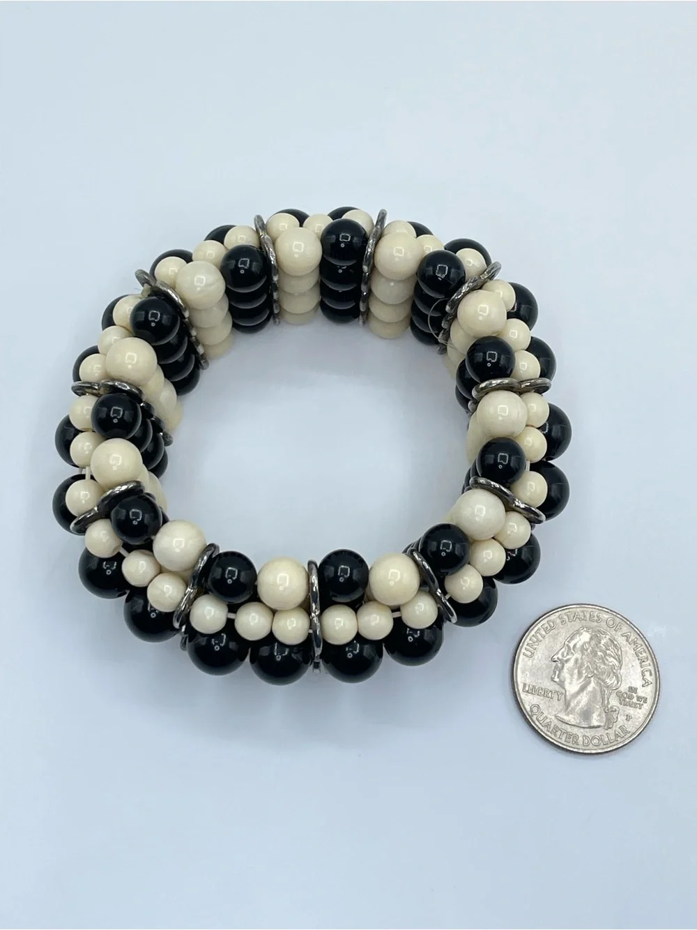 Black White Acrylic Beaded Chunky Multi Strand Stretch Statement Bracelet
